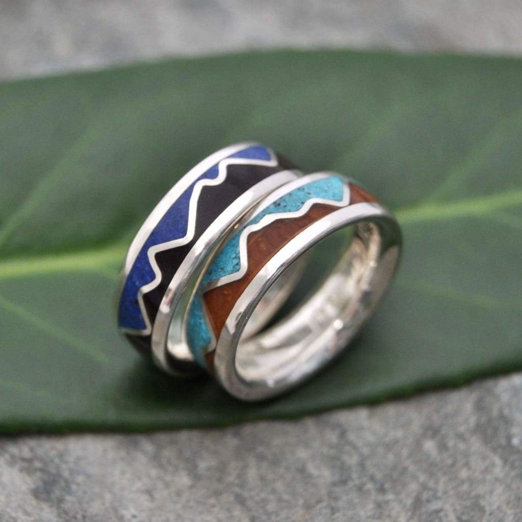 Wood wedding band with mountain design and lapis lazuli stone inlay
