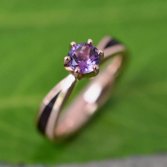 Custom wooden engagement ring with purple amethyst solitaire and rose gold finish, fully customizable wood species, handcrafted in Louisville Kentucky
