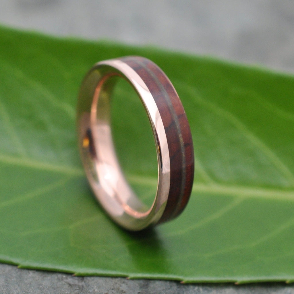 Eco-friendly ring with Hawaiian koa wood and jadeite inlay and yellow gold