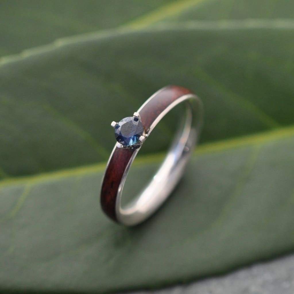 Sapphire and koa wood engagement ring with white gold detail view