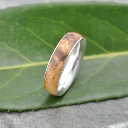 Cypress burl natural wood wedding ring, recycled sterling silver