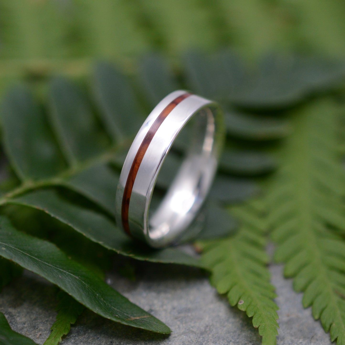 a silver ring with a red stripe on top of a leaf
