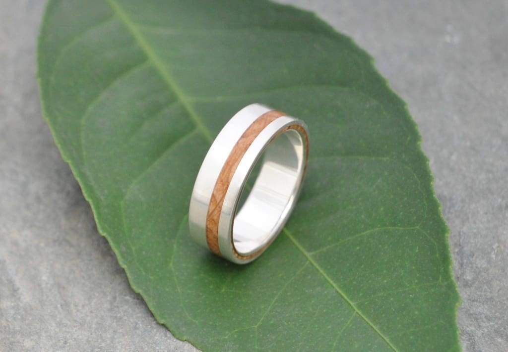 Equinox Bourbon Barrel Oak Wood Ring with Recycled Silver, Whiskey Barrel Ring - Naturaleza Organic Jewelry & Wood Rings