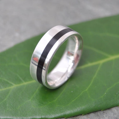 Sustainable silver and wood ring with black coyol and recycled silver