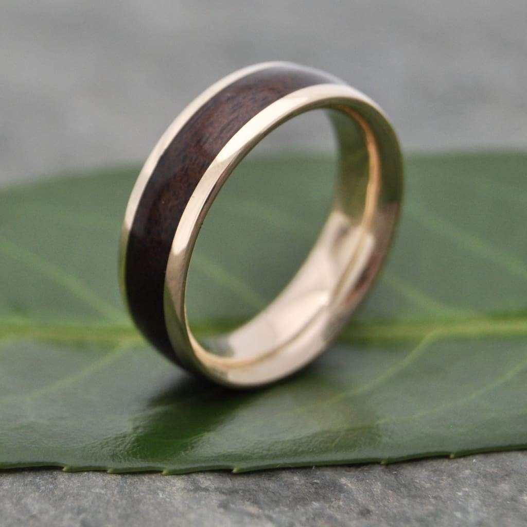Gold Wood Wedding Ring with Walnut Wood and Round Profile