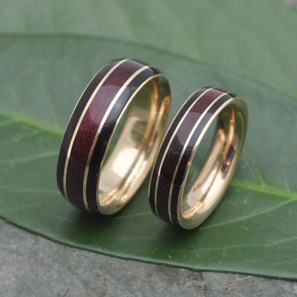 Wood and Gold Wedding Band Set with Purpleheart and Coyol, Juntos