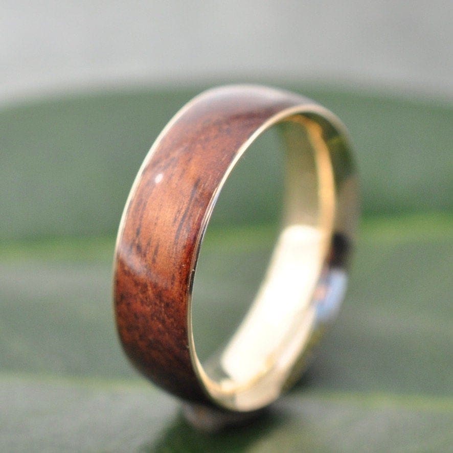 Koa wood wedding band with 14k recycled yellow gold, Siempre design