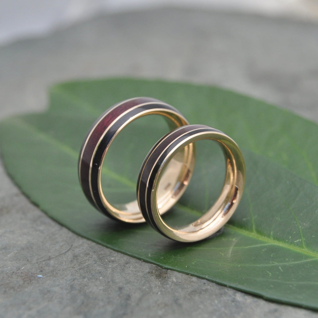 Recycled Gold Wood Wedding Bands with purpleheart inlay 