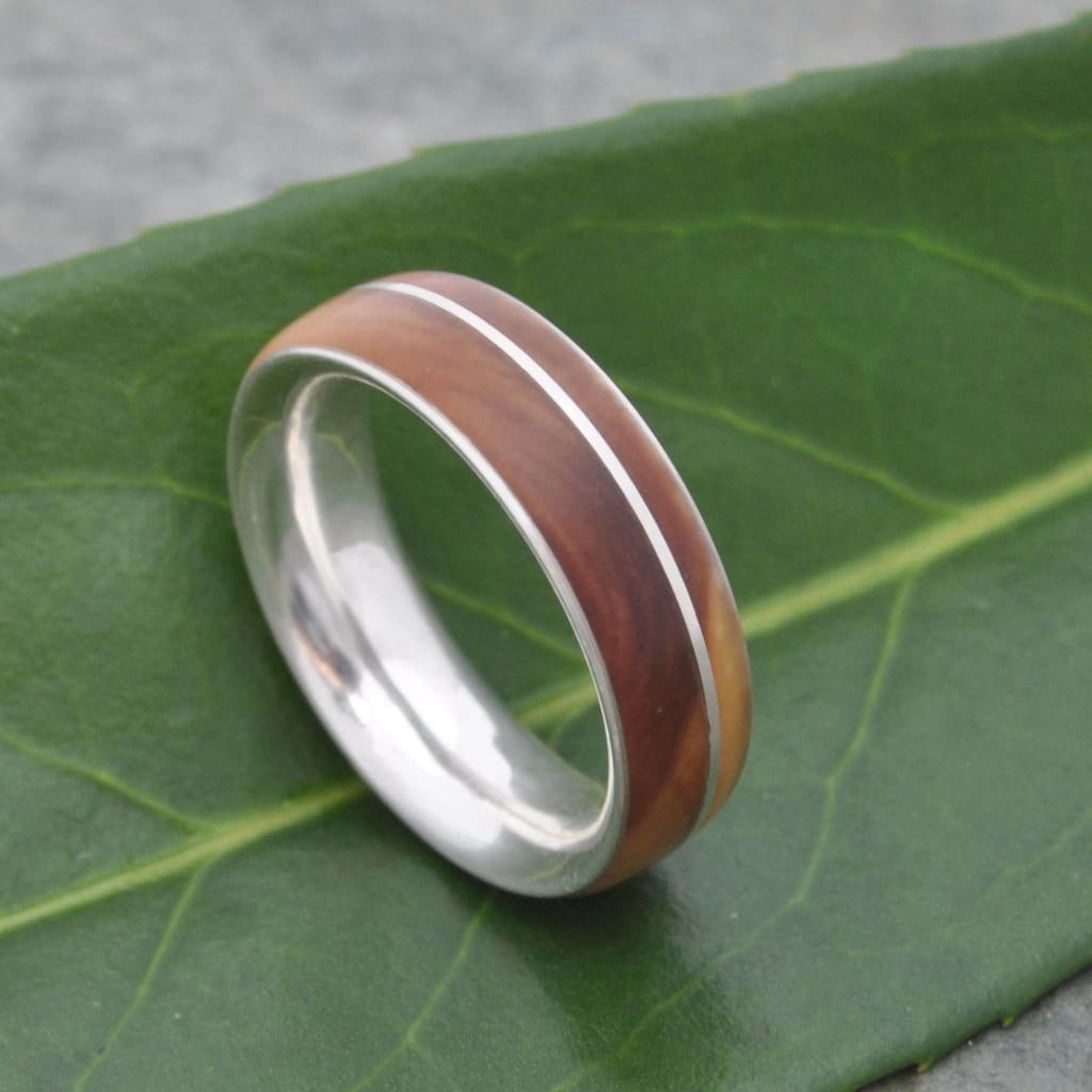 Ethically made Guayacán ring with sterling silver, Asi design