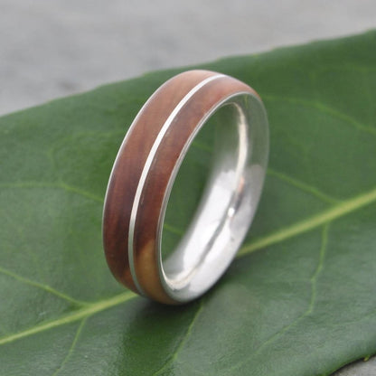 Asi Guayacán wood ring with thin sterling silver offset line and inner band