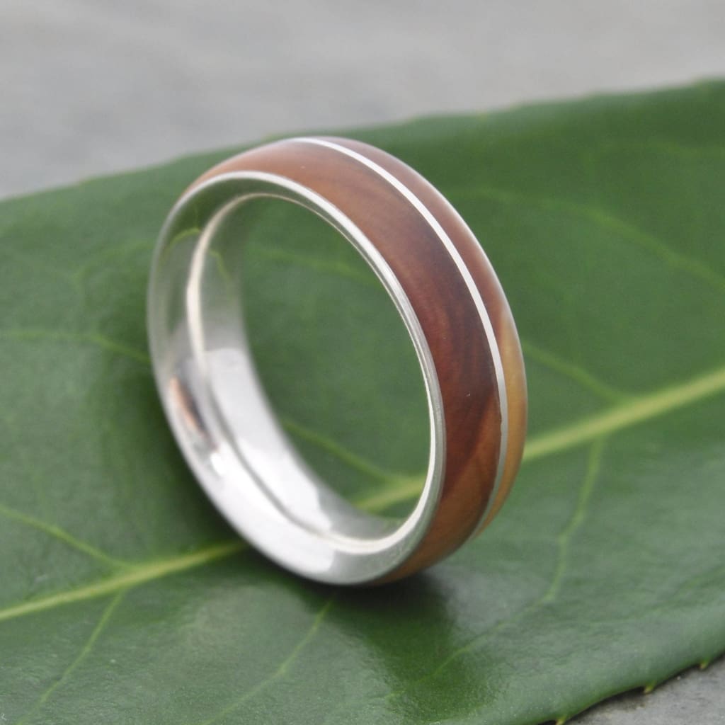 Lignum Vitae wood wedding ring with recycled sterling silver, comfort fit
