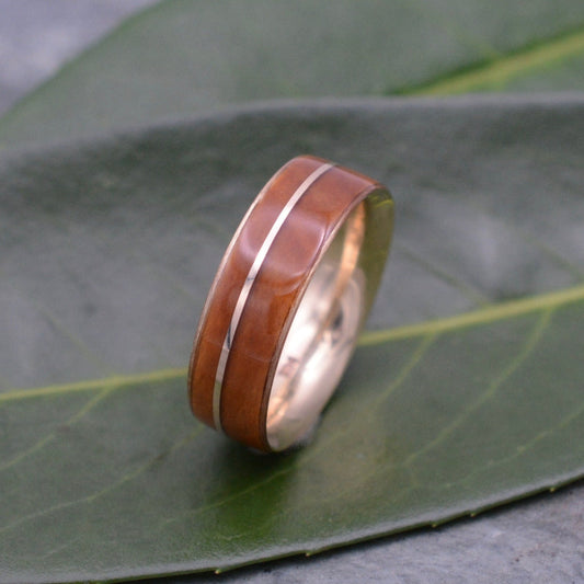 Wood and gold wedding band with Guayacán Lignum Vitae wood and 14k yellow gold, Asi design