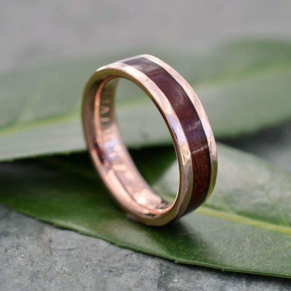 Hammered Lados Rose Gold Comfort Fit Carbon Wood Ring, Rose Gold Wood Wedding Band, Pink Gold Wedding Ring, Rose Gold Mens Wedding Band
