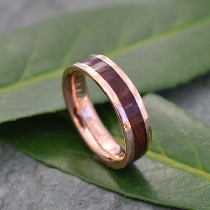 Hammered Lados Rose Gold Comfort Fit Carbon Wood Ring, Rose Gold Wood Wedding Band, Pink Gold Wedding Ring, Rose Gold Mens Wedding Band
