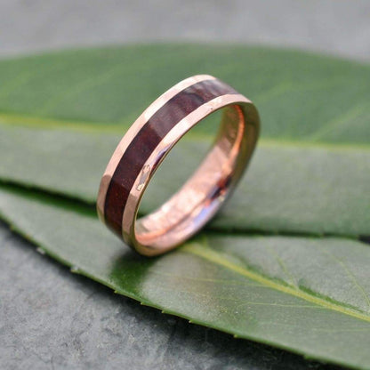 Hammered Lados Rose Gold Comfort Fit Carbon Wood Ring, Rose Gold Wood Wedding Band, Pink Gold Wedding Ring, Rose Gold Mens Wedding Band