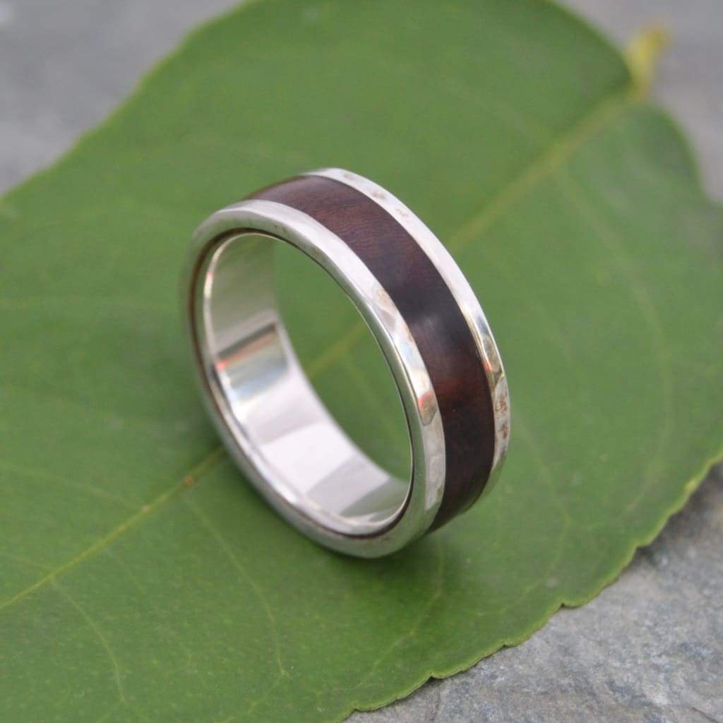 Hammered Lados Nacascolo Wood Ring with Recycled Sterling Silver - Naturaleza Organic Jewelry & Wood Rings