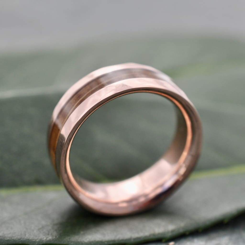 Bourbon barrel whiskey barrel wedding ring with hammered rose gold