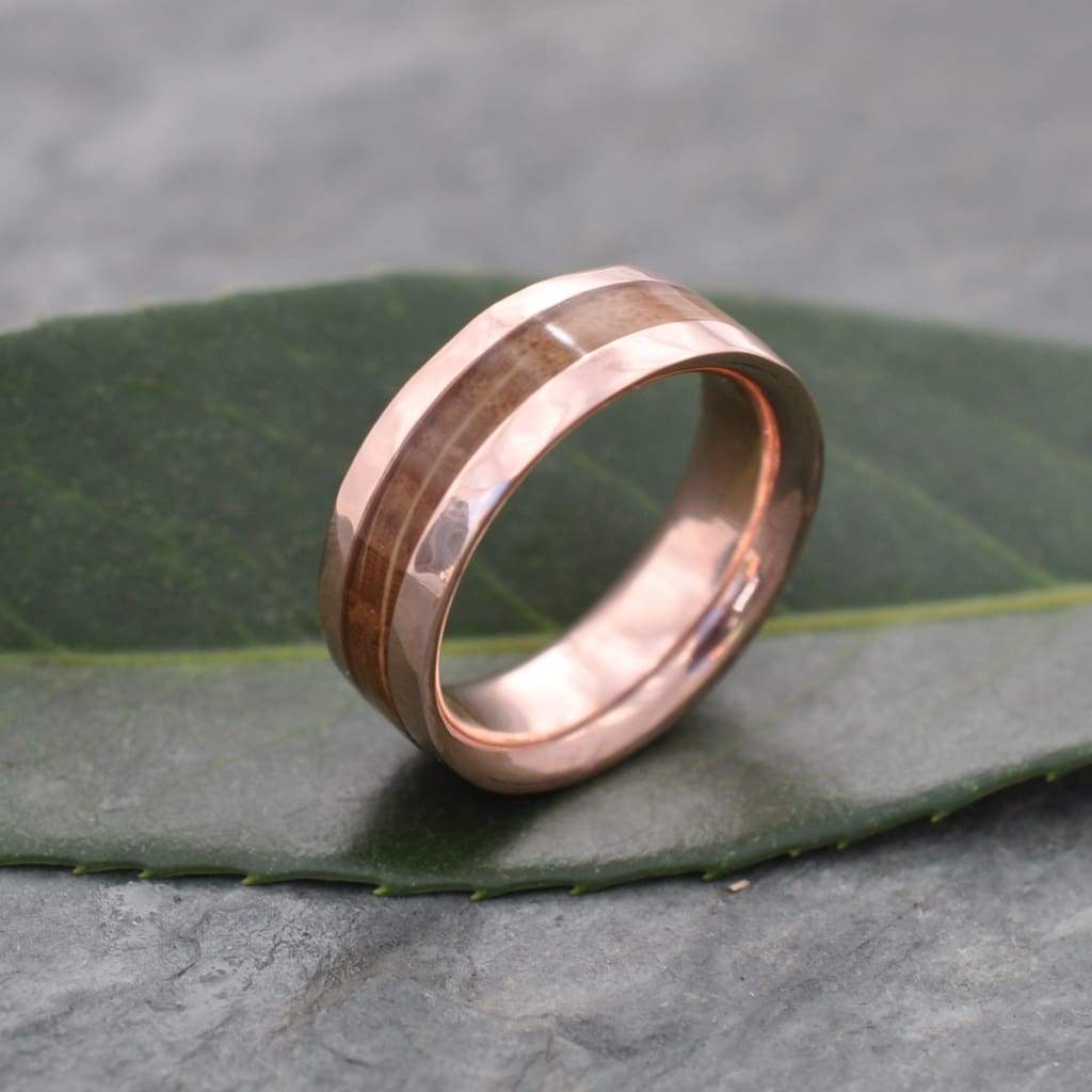 Artisan hammered rose gold bourbon barrel ring, handmade in Louisville KY