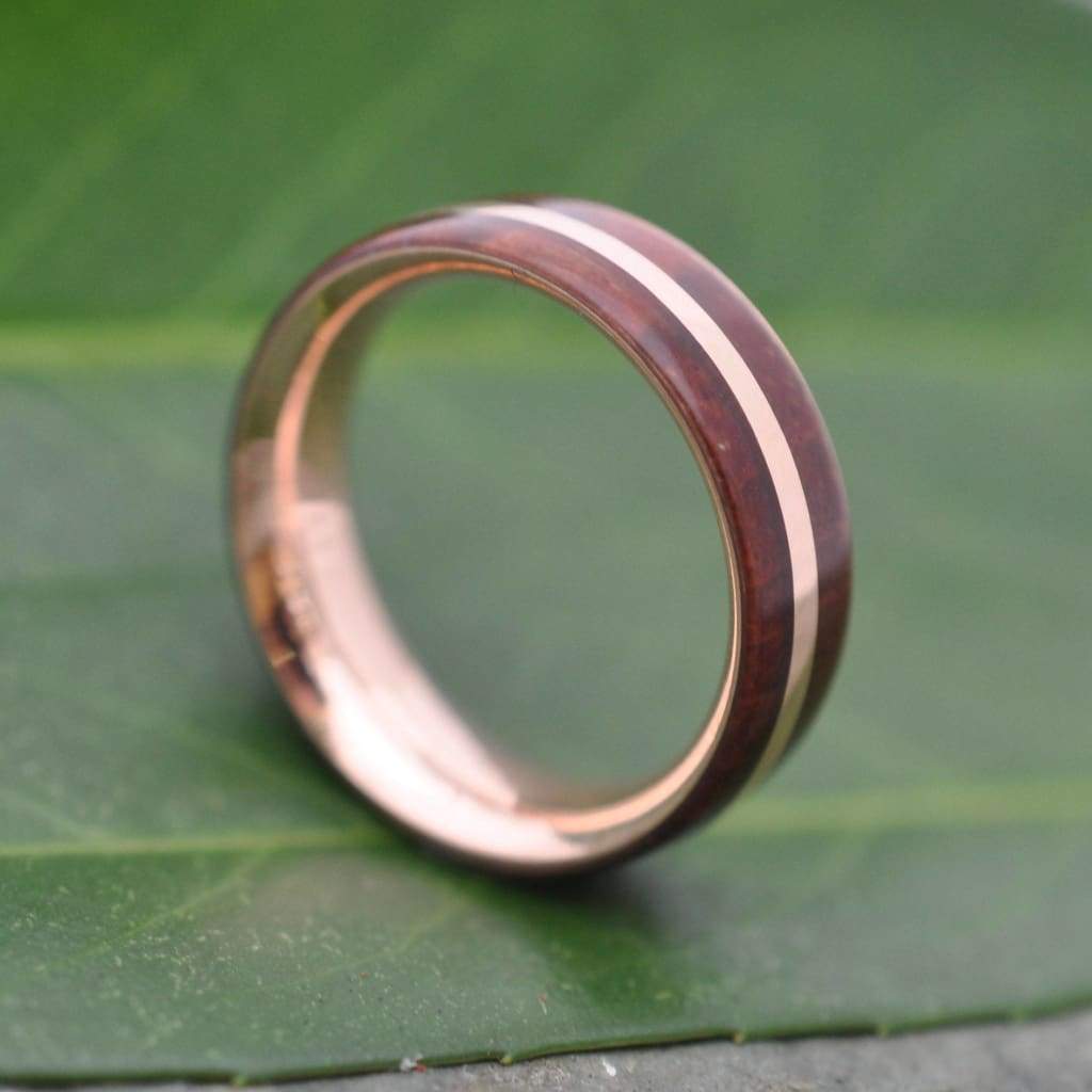 14k solid rose gold wood wedding band with Guapinol, Solsticio design