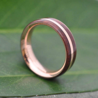 14k solid rose gold wood wedding band with Guapinol, Solsticio design