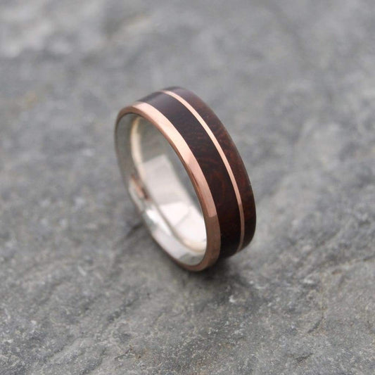 Rose gold wood ring with nacascolo and sterling silver, Un Lado Asi design