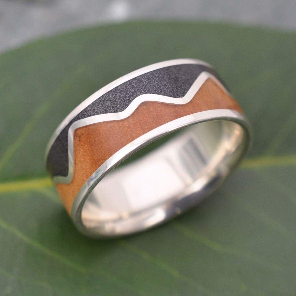 Sterling silver ring with volcanic titanium sand and mountain range inlay