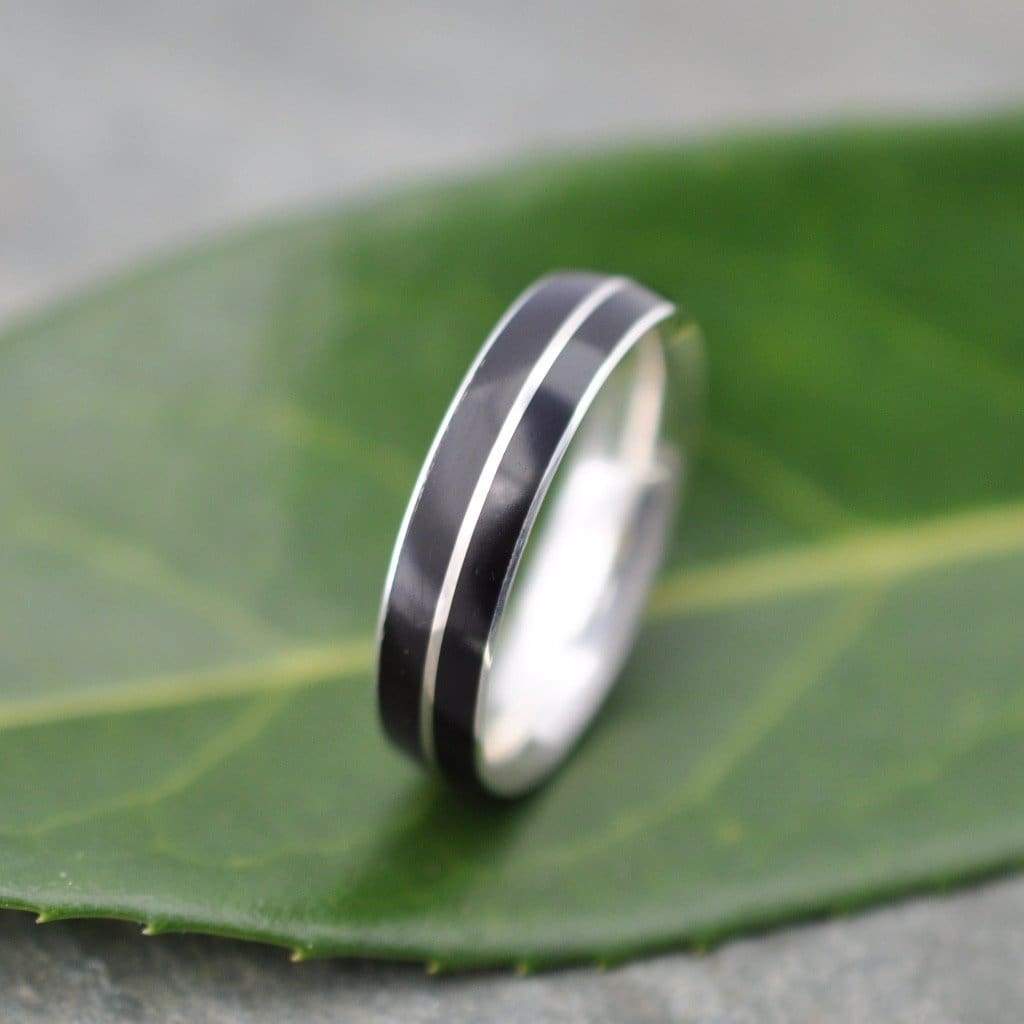 Sterling silver wood wedding band with black coyol, Asi design