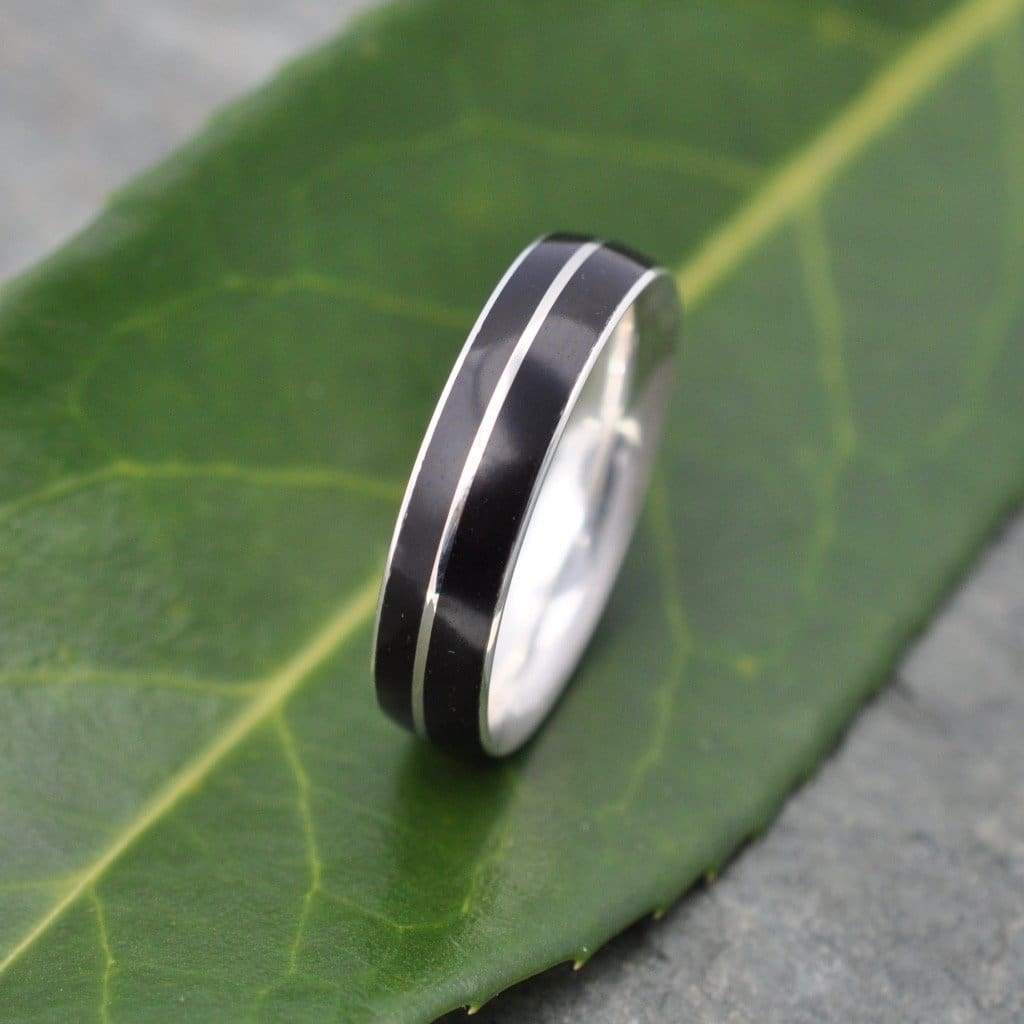 Sustainable sterling silver wood ring with black coyol, Louisville KY