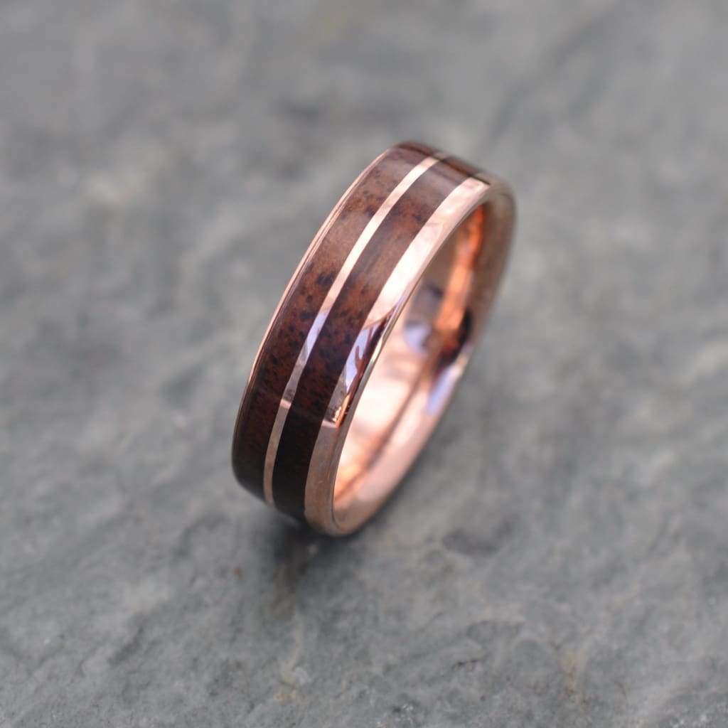 Custom rose gold and walnut wood wedding ring, made to order
