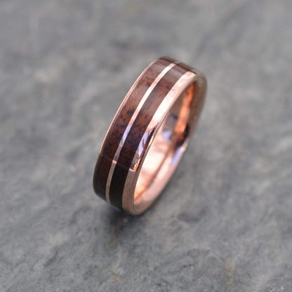 Custom rose gold and walnut wood wedding ring, made to order