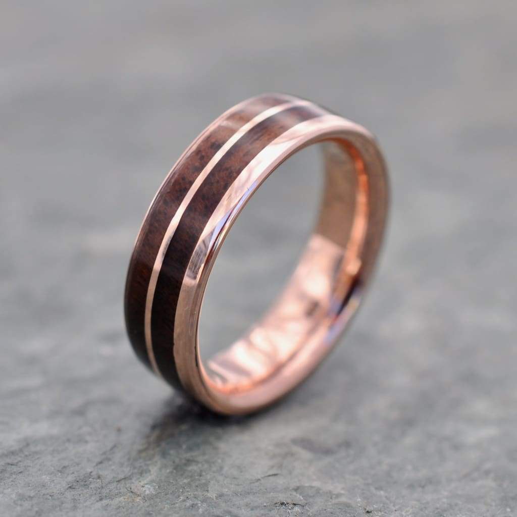 Eco-friendly rose gold wood ring with walnut grain and comfort fit band