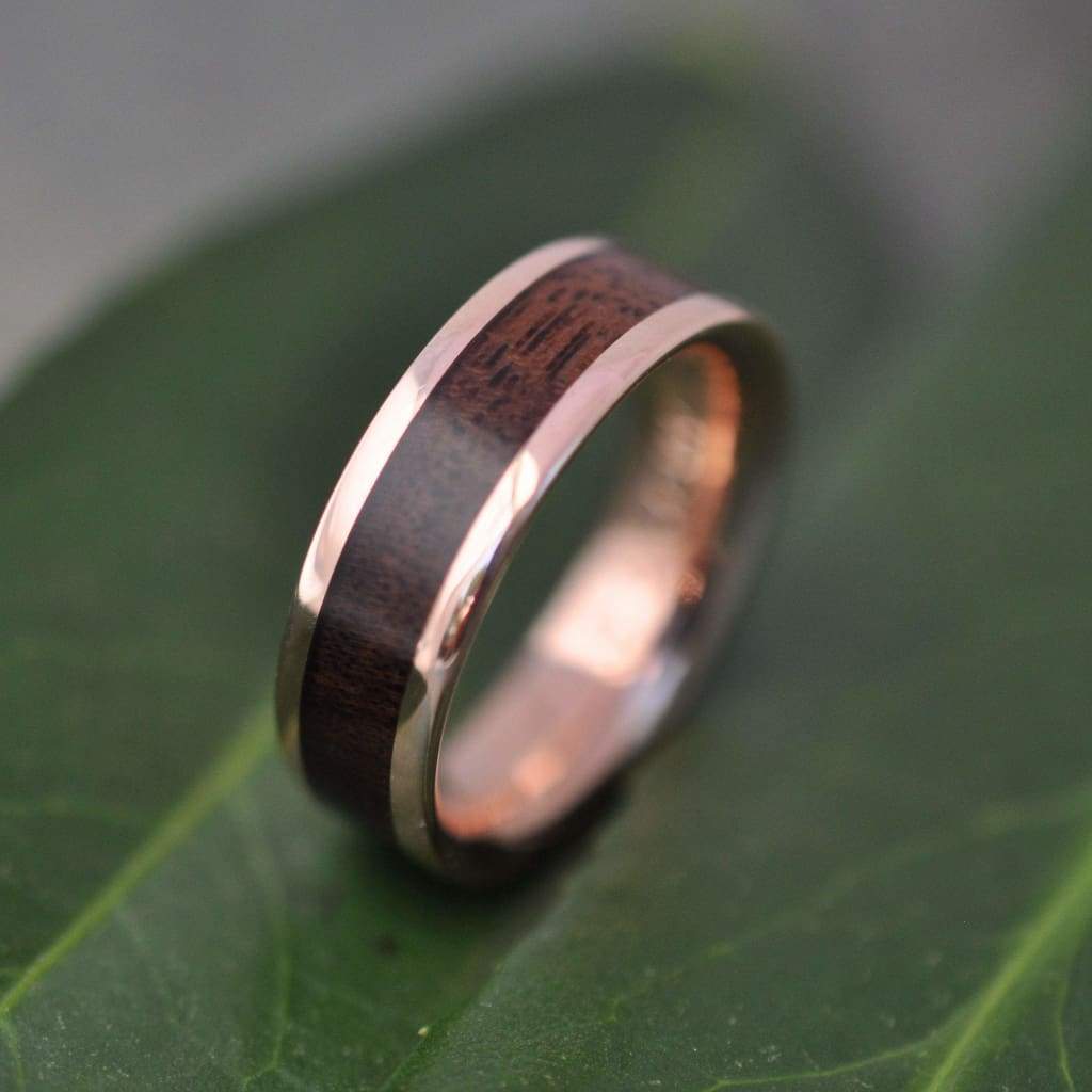 Eco-friendly rose gold wood ring with Kentucky walnut and recycled gold