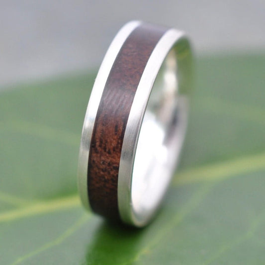 Silver and wood wedding band with walnut wood and sterling silver, Lados design