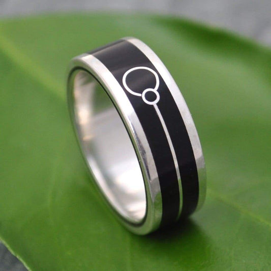 Wood inlay silver ring with black coyol and Union symbol, Lados design