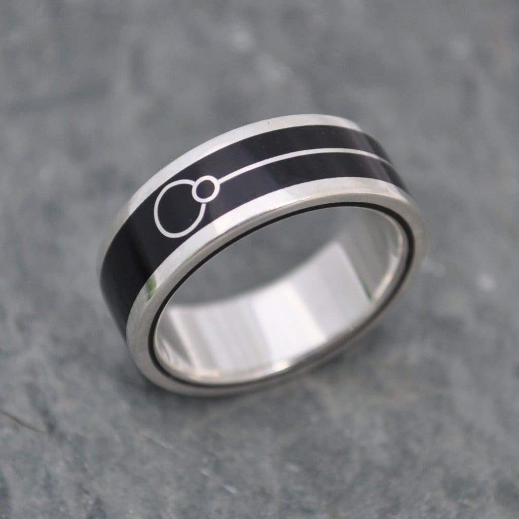 Unique wood inlay ring with coyol, silver and Union symbol by Marlon