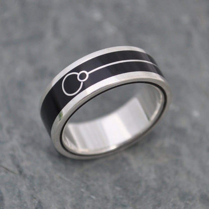 Unique wood inlay ring with coyol, silver and Union symbol by Marlon