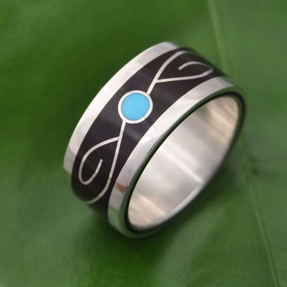 Wood and silver ring with turquoise center and black coyol, Vida design