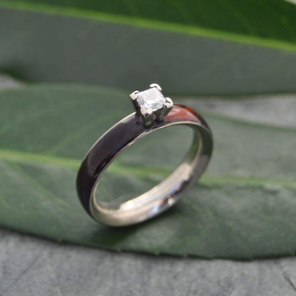 Princess cut diamond wood engagement ring with koa wood and white gold handmade in Louisville KY