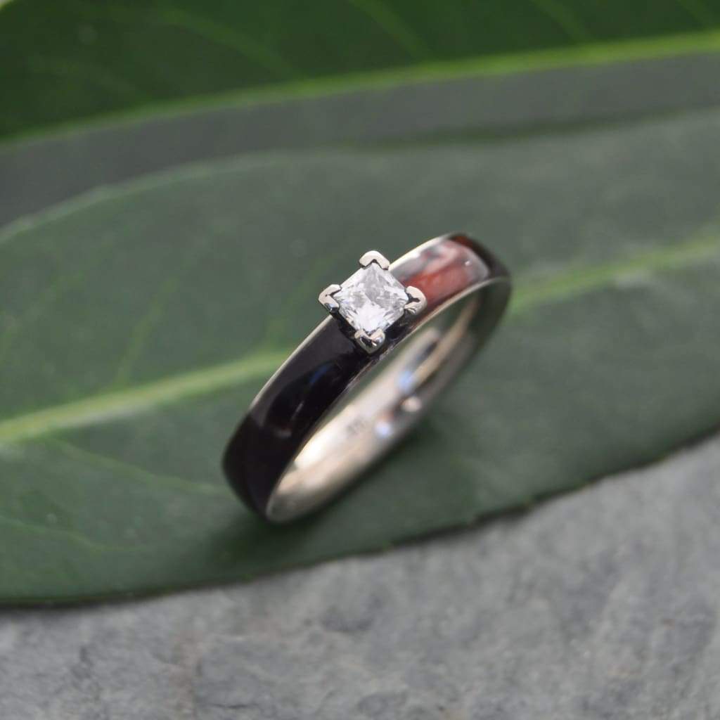 Princess cut diamond wood engagement ring with koa wood and white gold