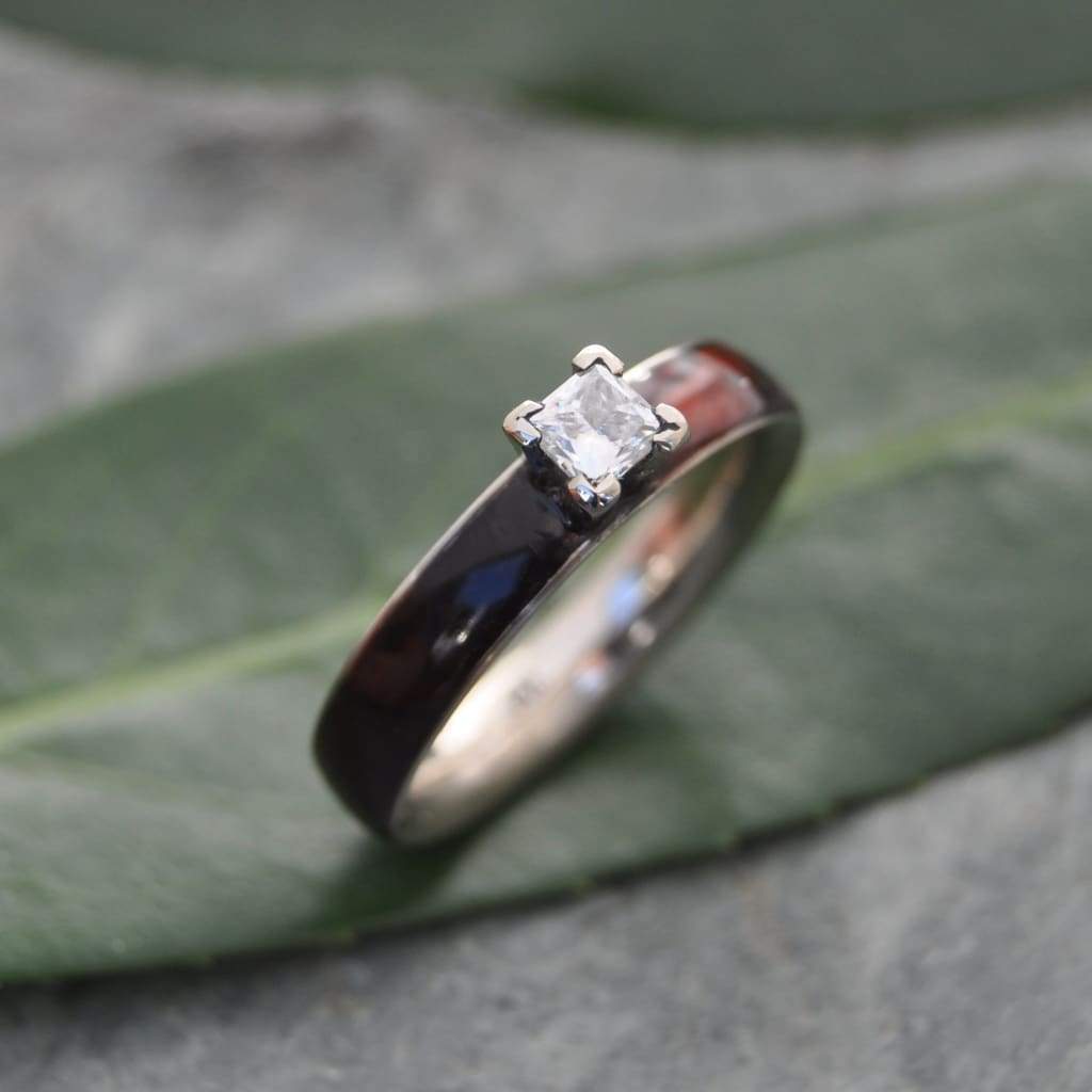 Princess cut diamond wood engagement ring with koa wood and white gold made to order