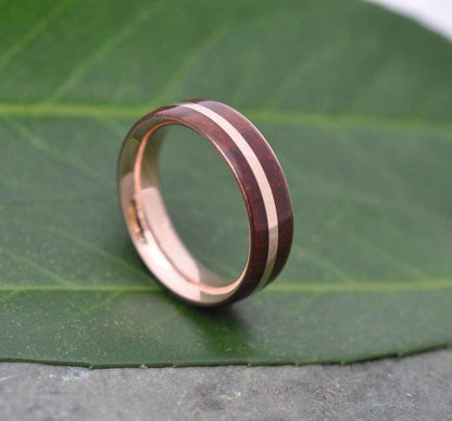 Sustainable rose gold wood wedding band with Guapinol and recycled gold
