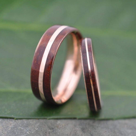 Set of his and hers rose gold wood wedding bands with Guapinol wood