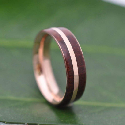 Rose gold wood wedding band with Guapinol wood and 14k rose gold, Solsticio design