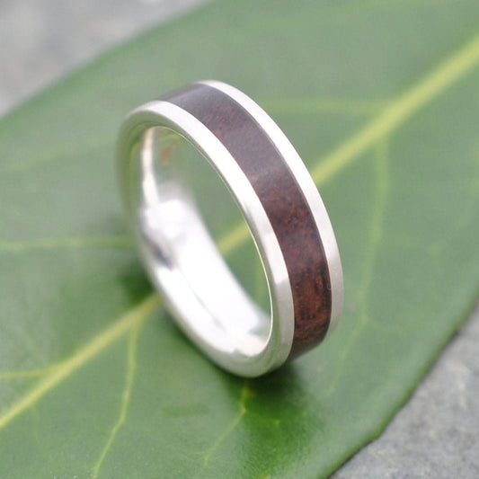 Lados walnut wood ring with bold sterling silver edges, comfort fit