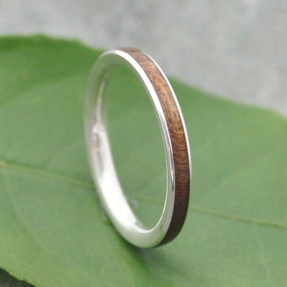 Womens stacking wedding band with walnut and recycled sterling silver