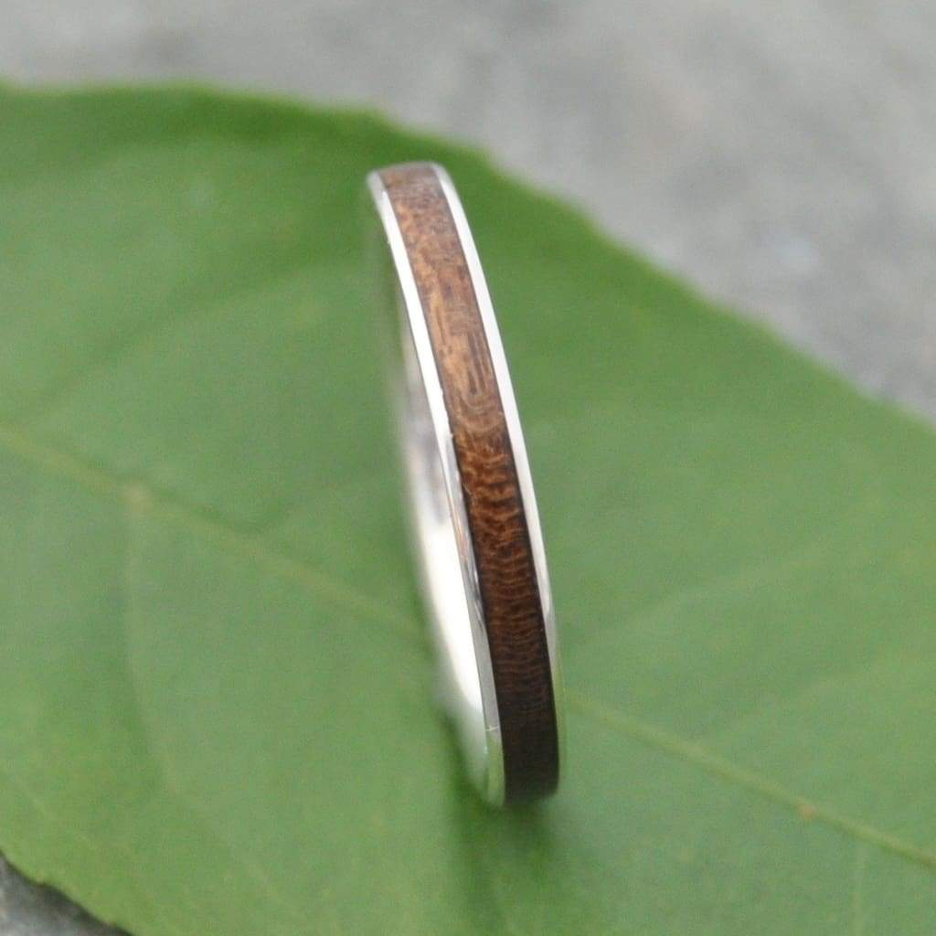 Walnut wood thin stacking ring with recycled sterling silver, flat profile