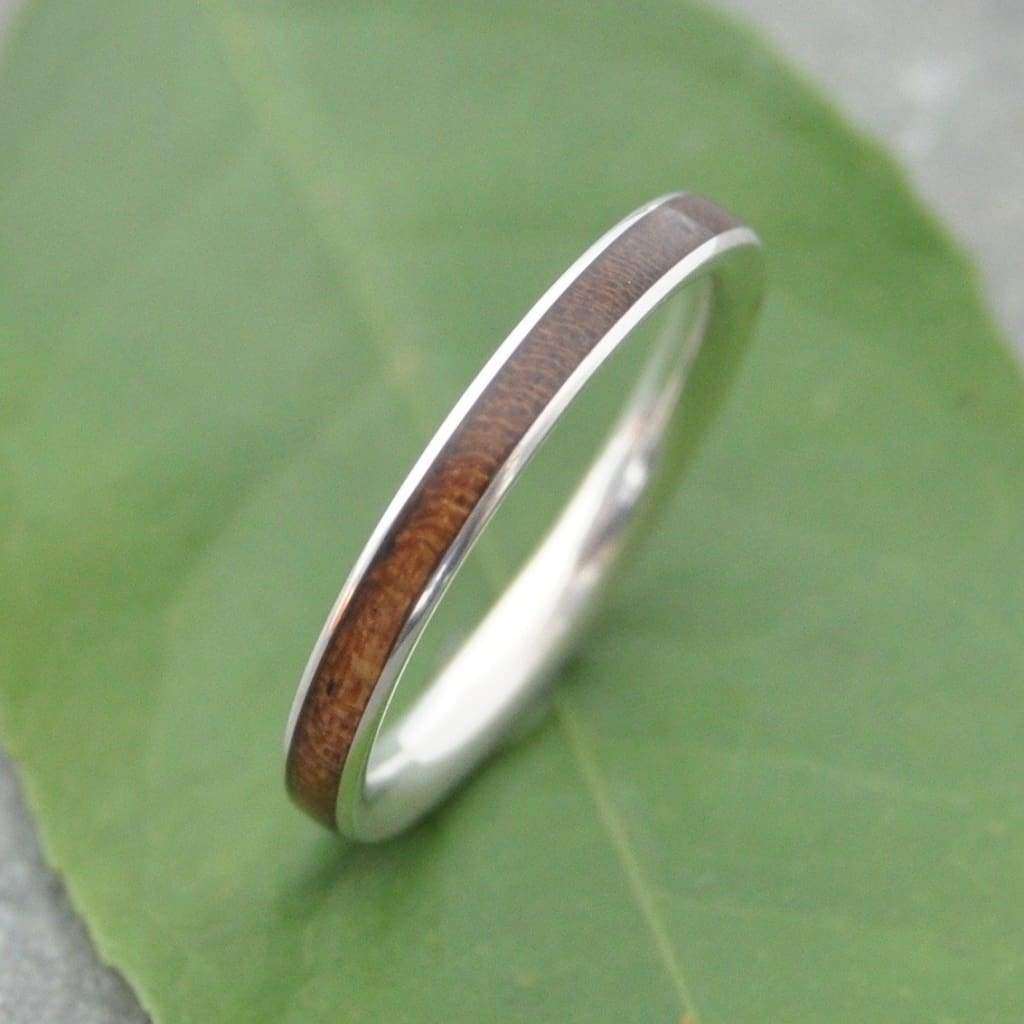 2mm walnut wood wedding band with sterling silver, womens stacking ring
