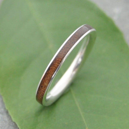 2mm walnut wood wedding band with sterling silver, womens stacking ring
