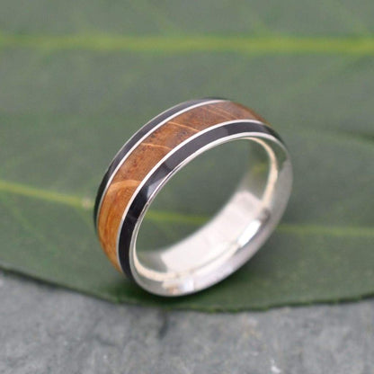 Juntos Bourbon Barrel Wood Inlay Ring with Recycled Sterling Silver - Naturaleza Organic Jewelry & Wood Rings