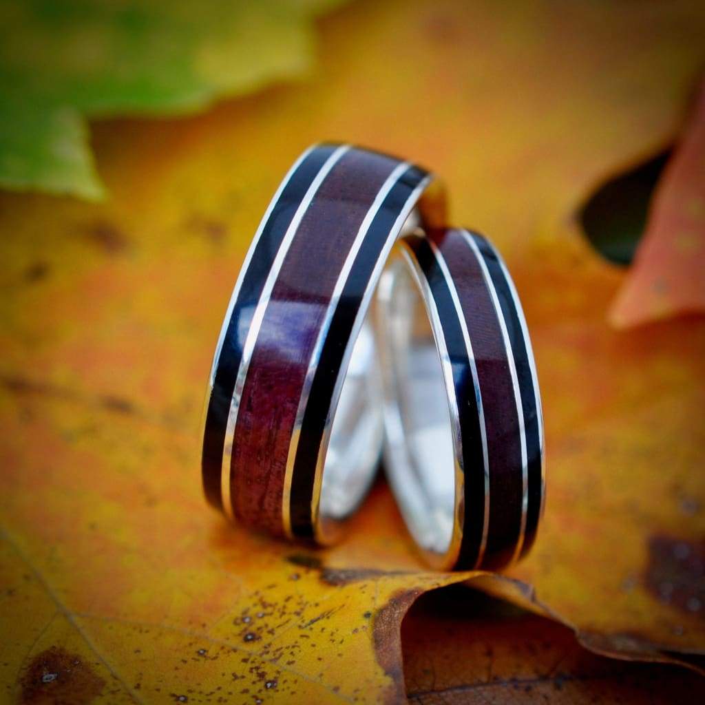 Purpleheart Wood Inlay Ring, Juntos Wood Ring, Black Wood Inlay Ring, Recycled Sterling Silver Wood Ring, Eco-friendly Wooden Wedding Band - Naturaleza Organic Jewelry & Wood Rings